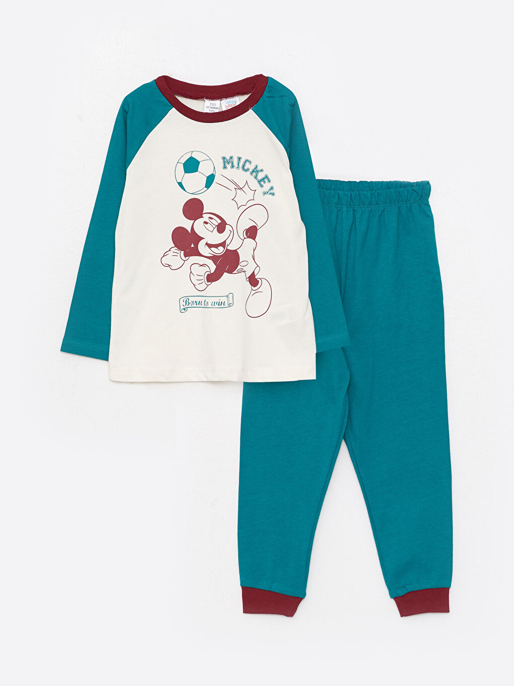 Ekru Bisiklet Yaka Uzun Kollu Mickey Mouse Baskılı Erkek Bebek Pijama Takım-2