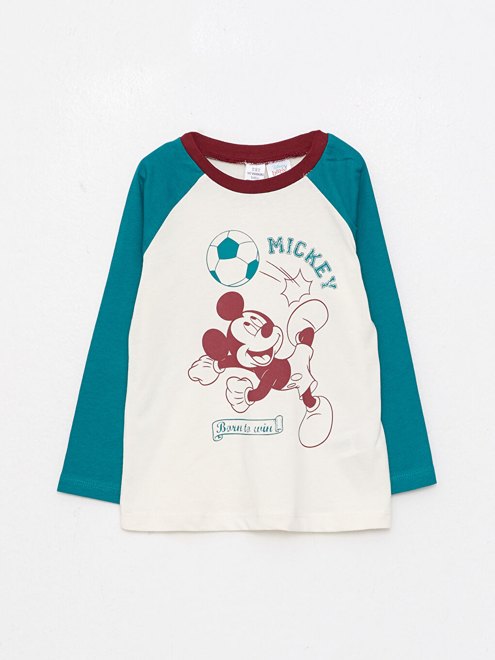 Ekru Bisiklet Yaka Uzun Kollu Mickey Mouse Baskılı Erkek Bebek Pijama Takım-3