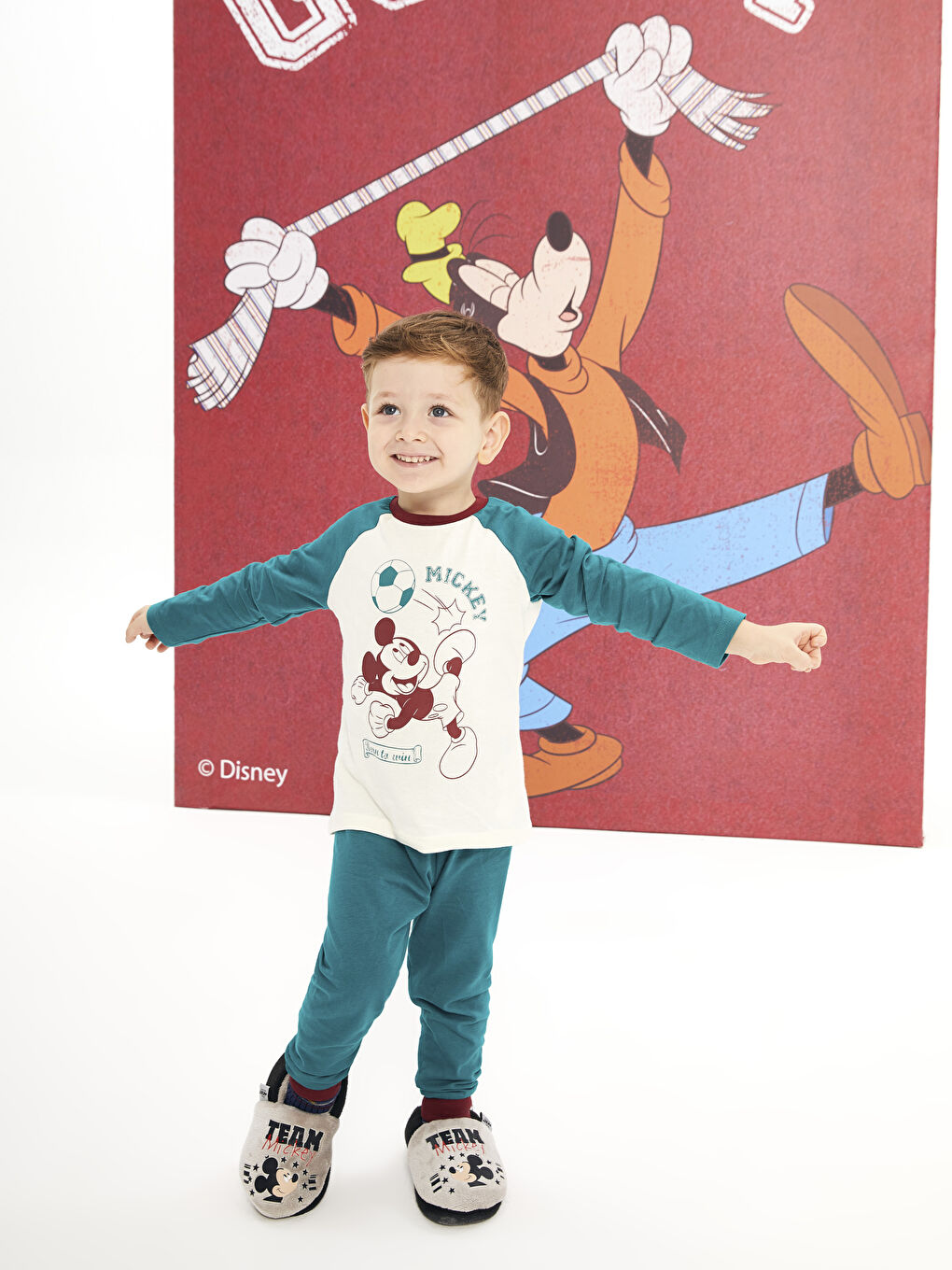 Ekru Bisiklet Yaka Uzun Kollu Mickey Mouse Baskılı Erkek Bebek Pijama Takım-1