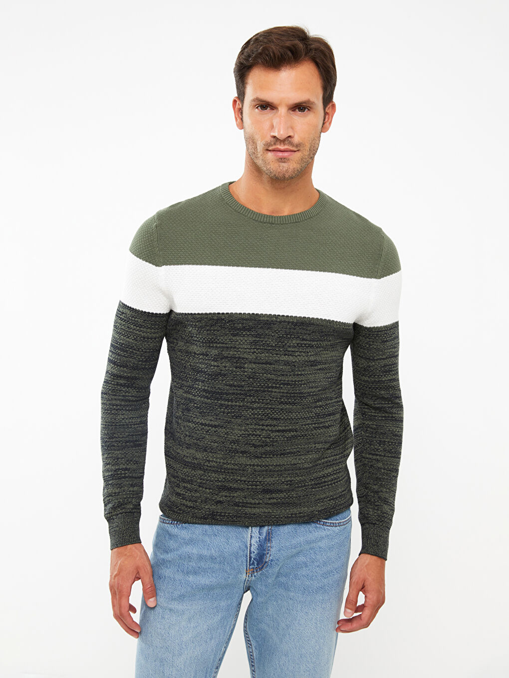 Crew Neck Long Sleeve Color Block Men's Knitwear Sweater