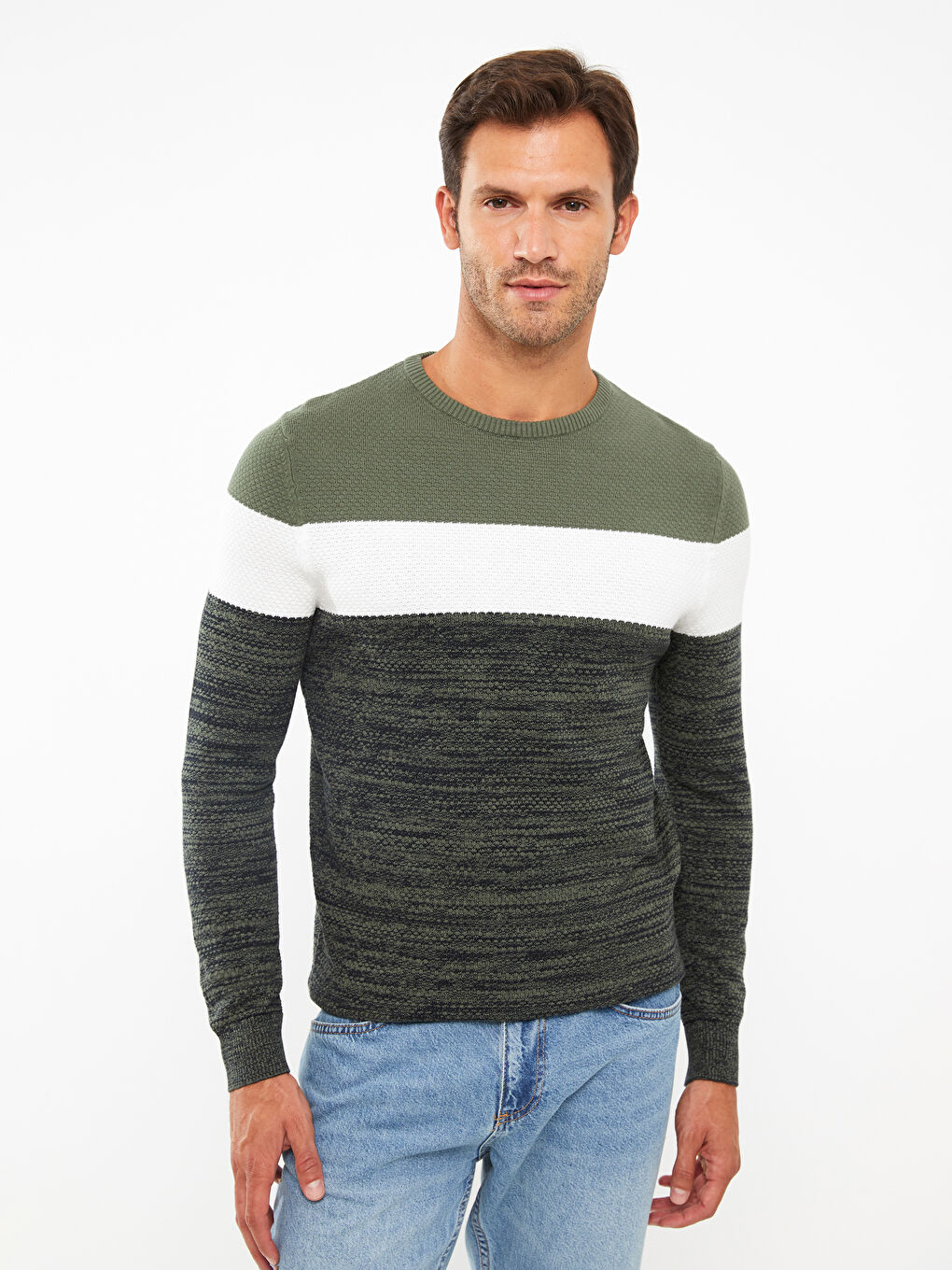 Crew Neck Long Sleeve Color Block Men's Knitwear Sweater-2