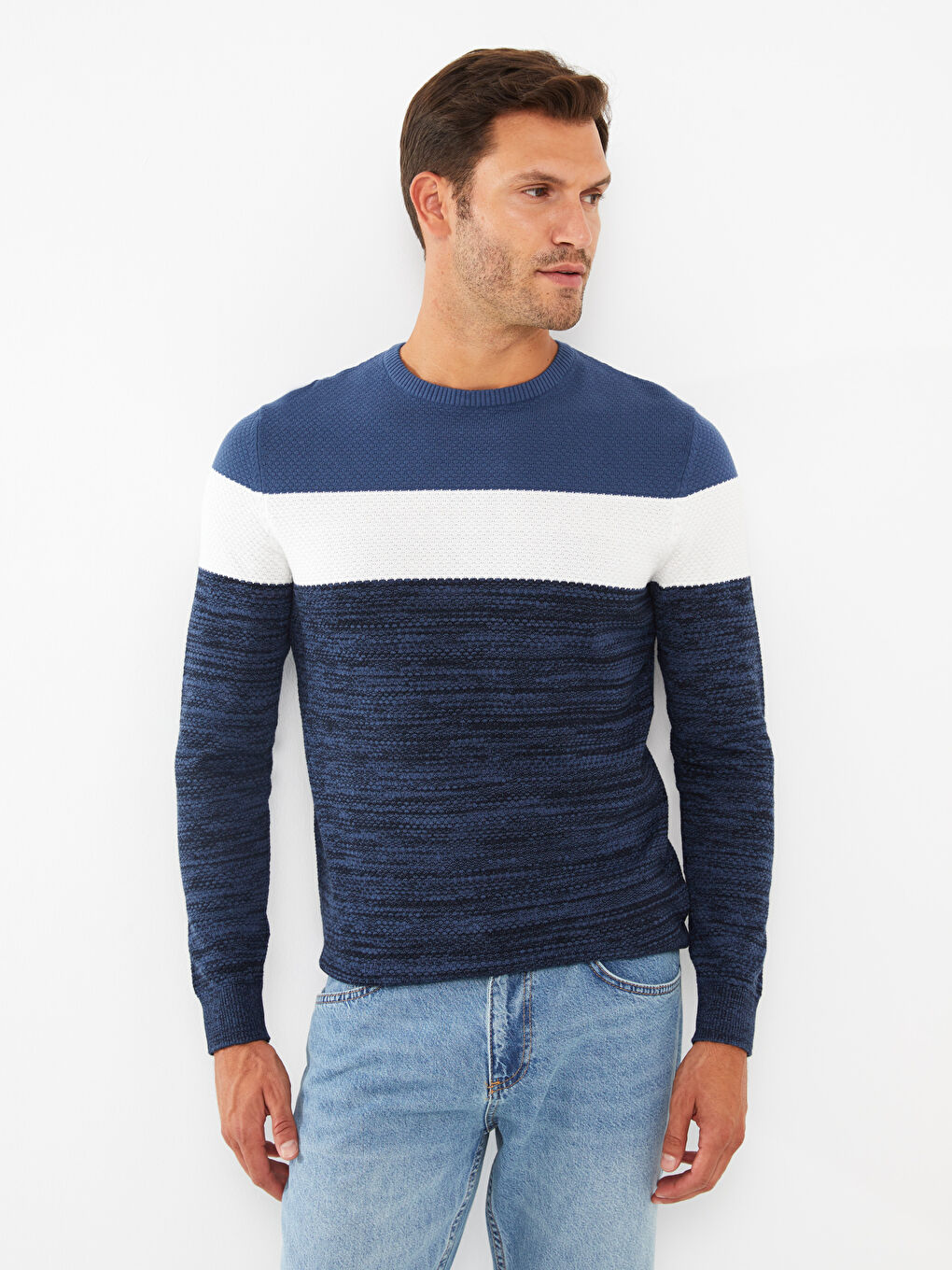 Crew Neck Long Sleeve Color Block Men's Knitwear Sweater