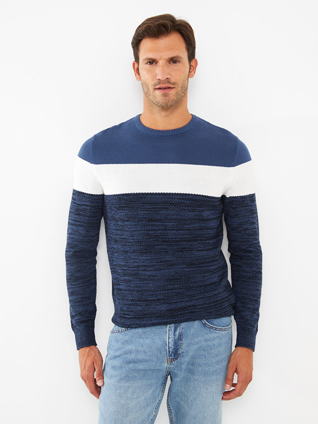Crew Neck Long Sleeve Color Block Men's Knitwear Sweater-2
