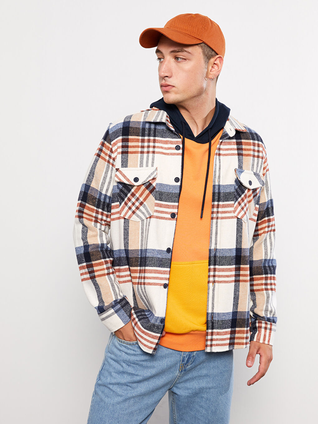 Bej Regular Fit Uzun Kollu Ekose Erkek Oduncu Gömlek Ceket