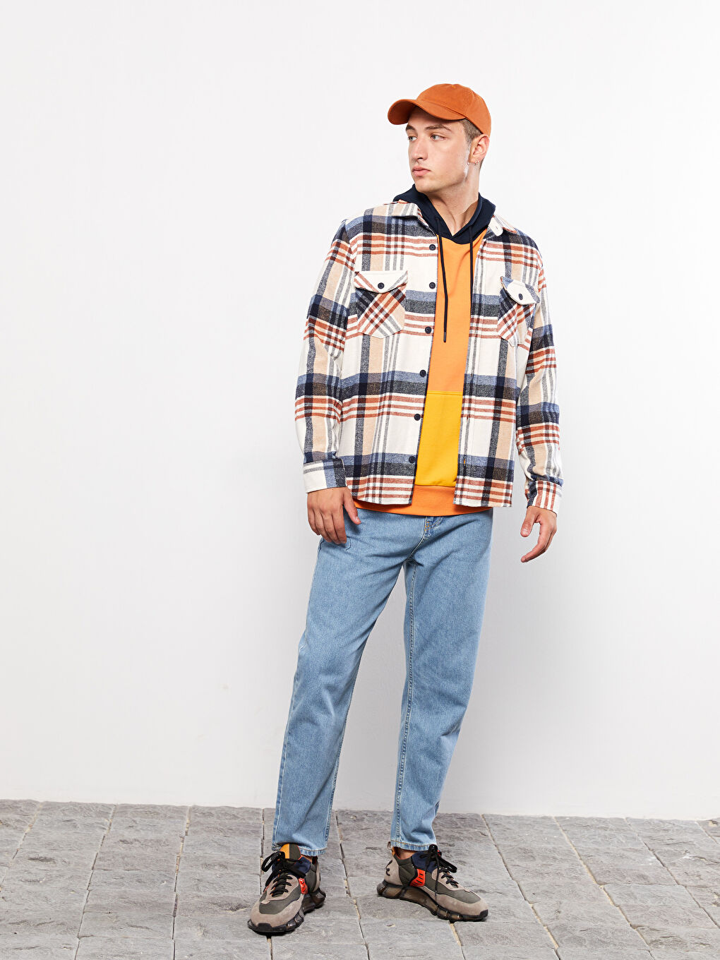 Bej Regular Fit Uzun Kollu Ekose Erkek Oduncu Gömlek Ceket-1