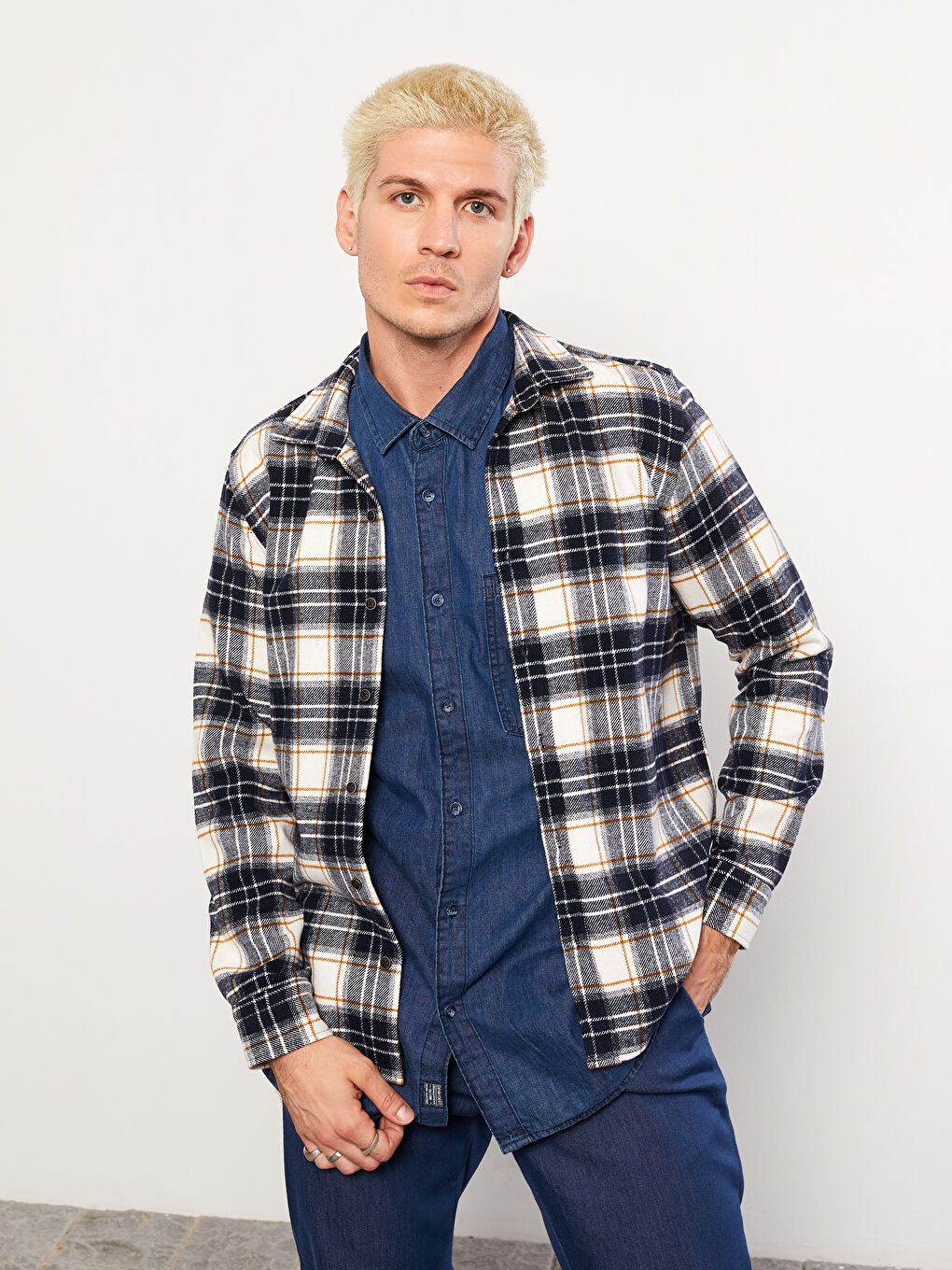 Lacivert Regular Fit Uzun Kollu Ekose Erkek Oduncu Gömlek-1