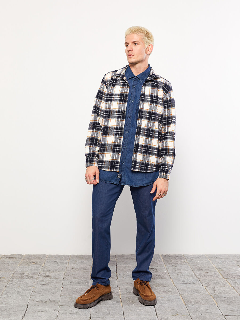 Lacivert Regular Fit Uzun Kollu Ekose Erkek Oduncu Gömlek-3