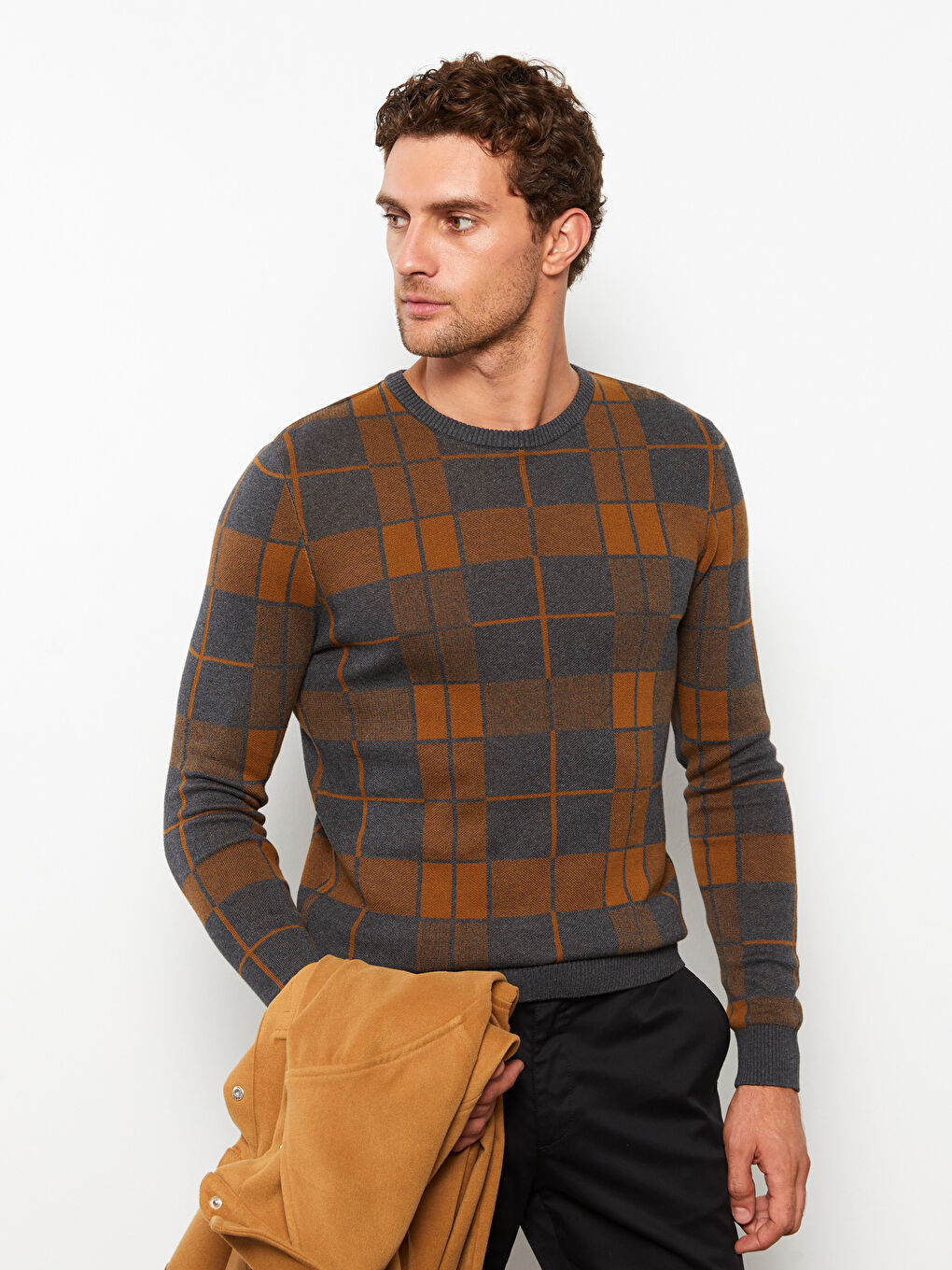 Crew Neck Long Sleeve Plaid Men's Knitwear Sweater-2
