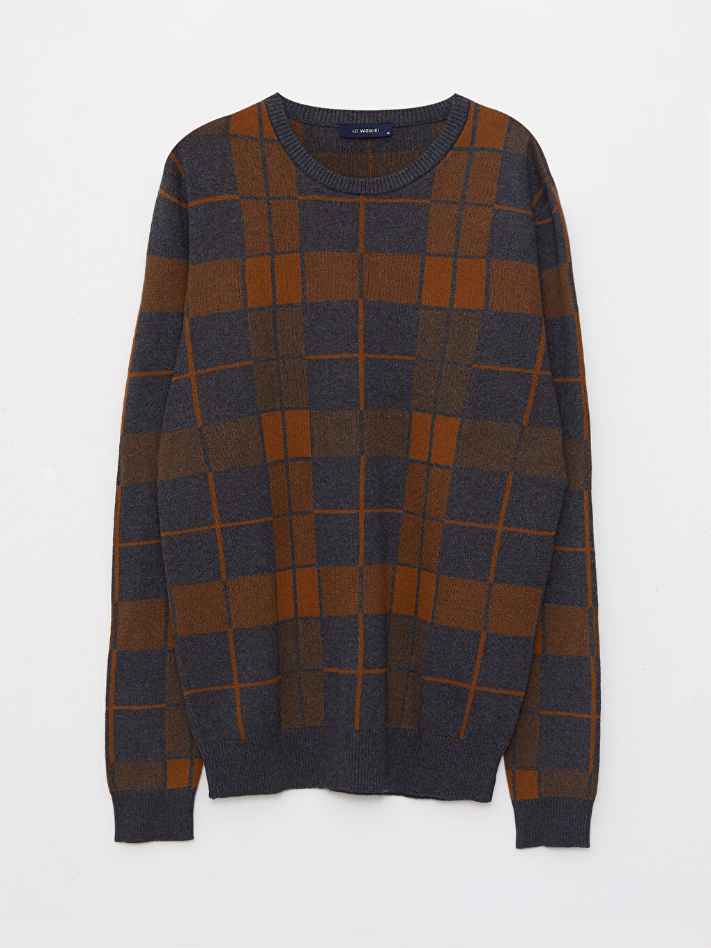 Crew Neck Long Sleeve Plaid Men's Knitwear Sweater-5