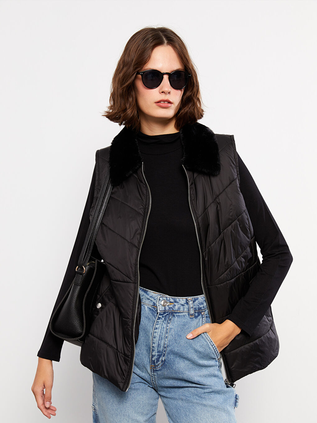 Siyah Kadın Gömlek Yaka Düz Şişme Yelek