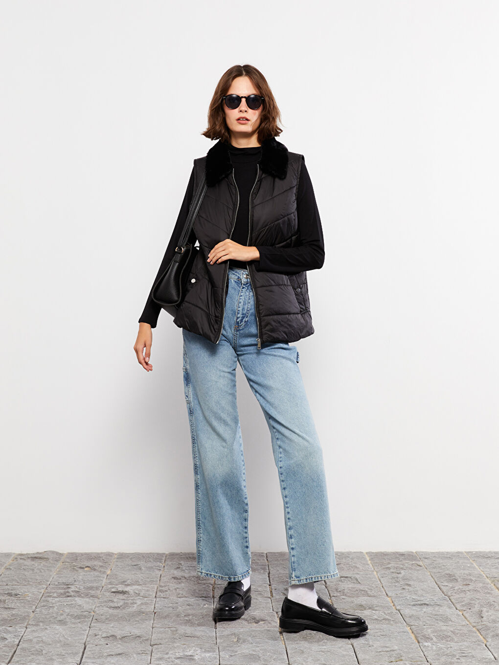 Siyah Kadın Gömlek Yaka Düz Şişme Yelek-2