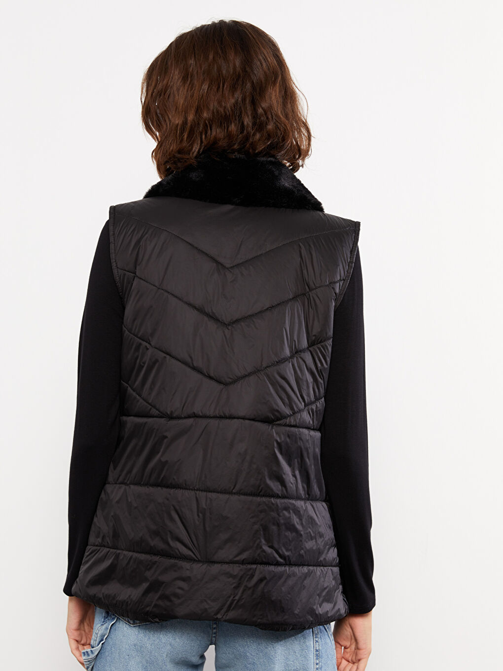 Siyah Kadın Gömlek Yaka Düz Şişme Yelek-5