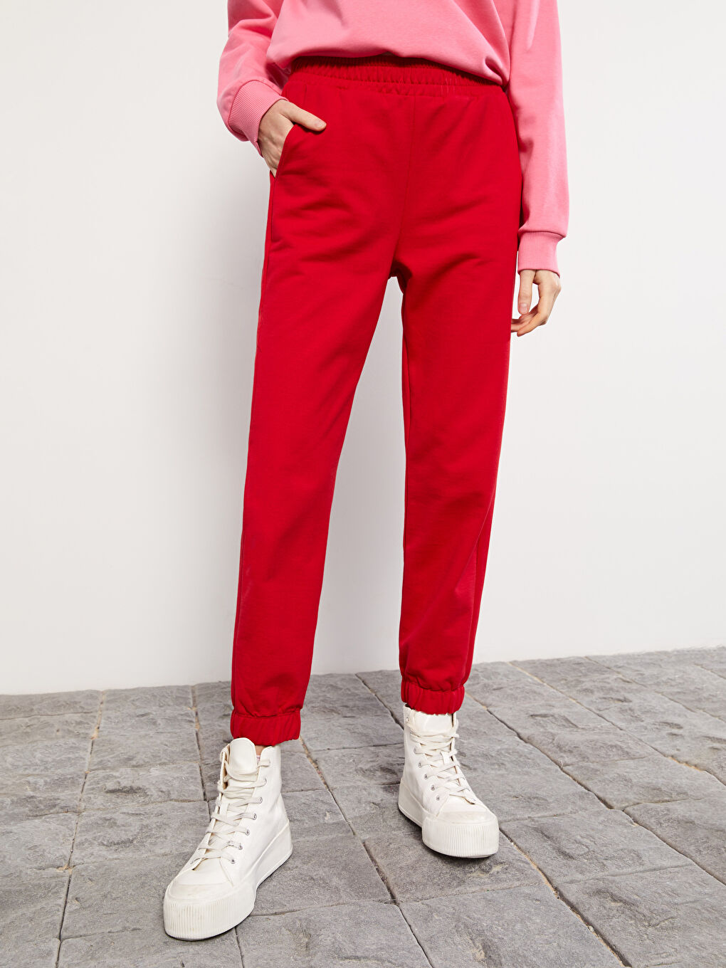 Kırmızı Kadın Beli Lastikli Düz Jogger Eşofman Altı-3