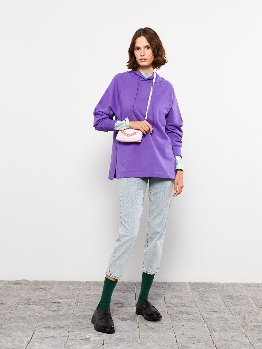 Mor Kapüşonlu Düz Uzun Kollu Kadın Sweatshirt-1