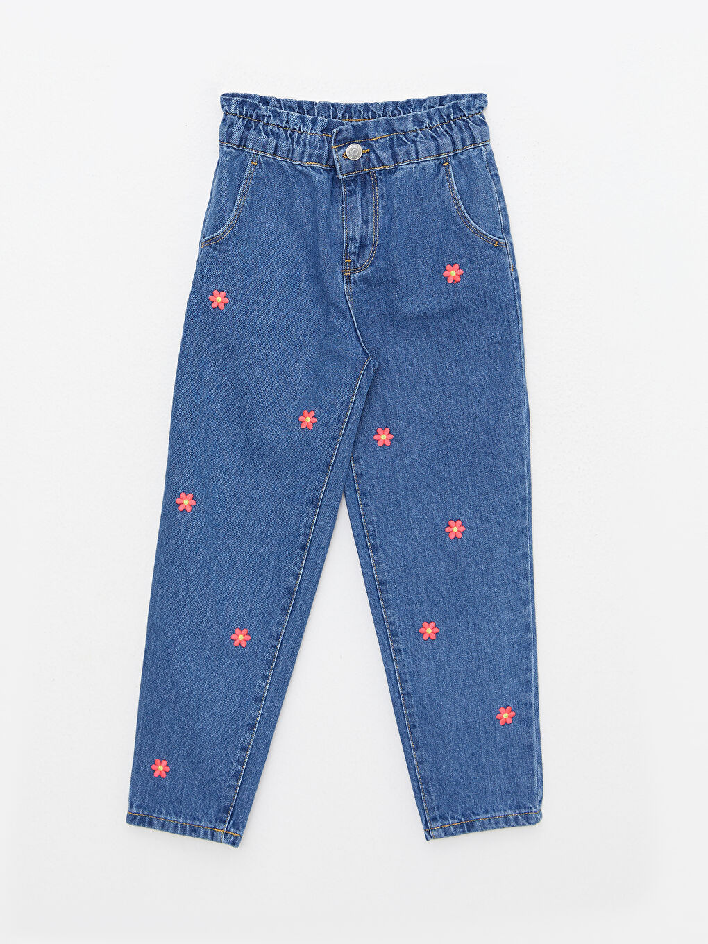 İndigo Beli Lastikli Nakışlı Kız Çocuk Jean Pantolon