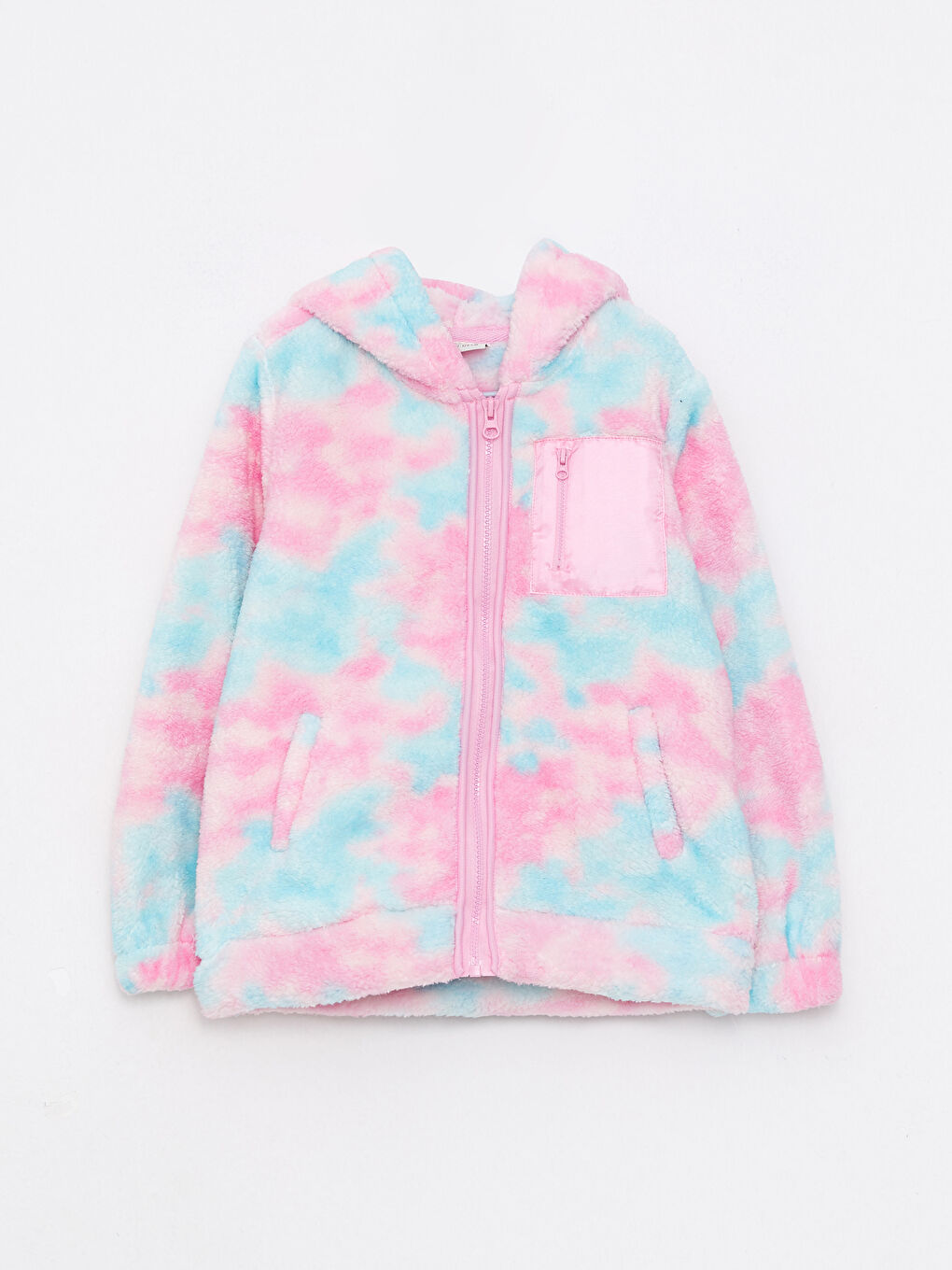 Karışık Kapüşonlu Batik Desenli Uzun Kollu Pelüş Kız Çocuk Fermuarlı Sweatshirt