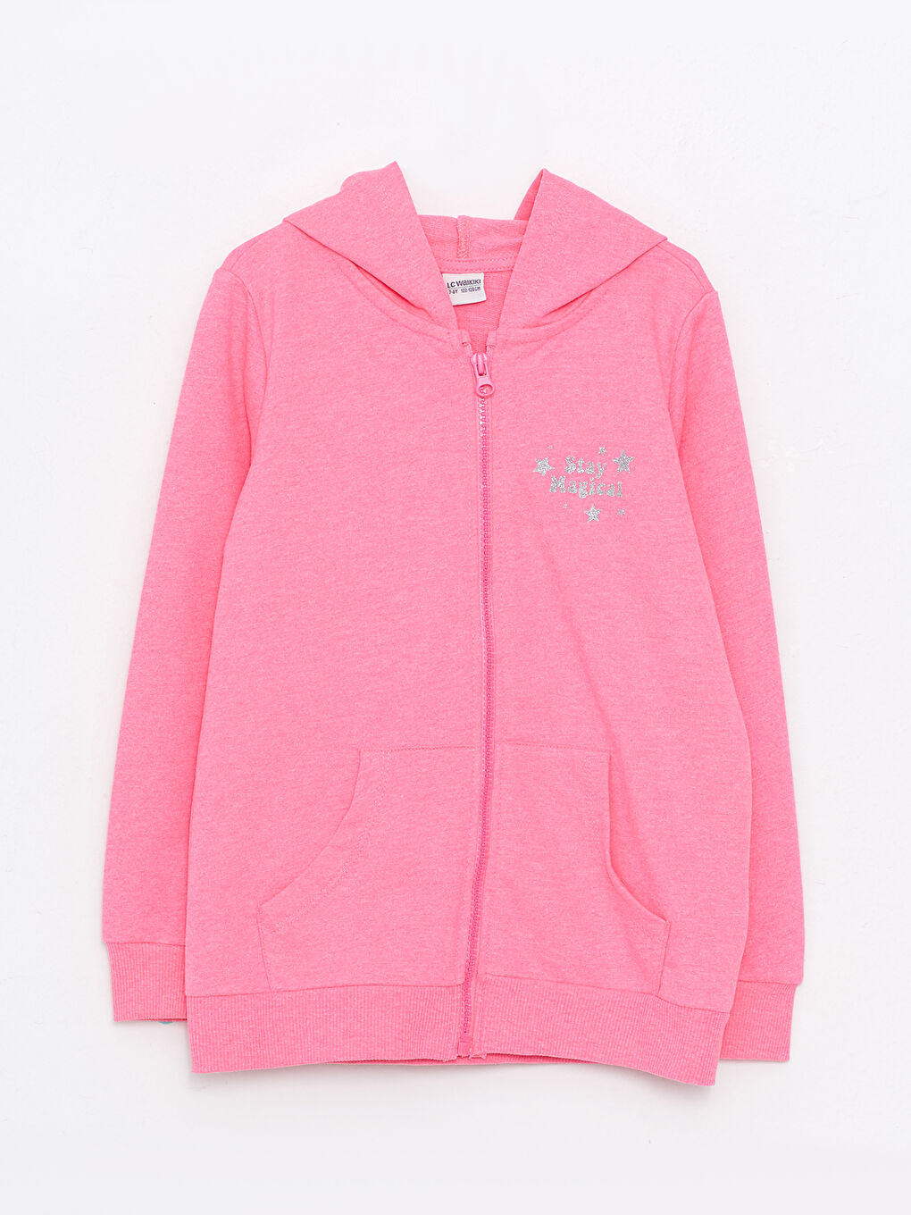 LCW Kids Parlak Pembe Kapüşonlu Baskılı Uzun Kollu Kız Çocuk Fermuarlı Sweatshirt