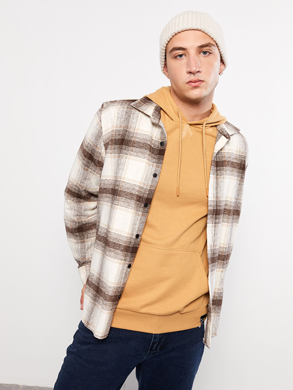 Bej Regular Fit Uzun Kollu Ekose Erkek Oduncu Gömlek