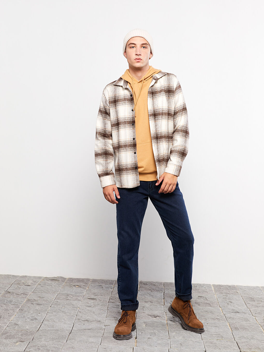 Bej Regular Fit Uzun Kollu Ekose Erkek Oduncu Gömlek-1