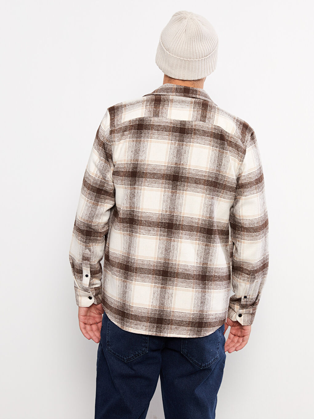 Bej Regular Fit Uzun Kollu Ekose Erkek Oduncu Gömlek-3