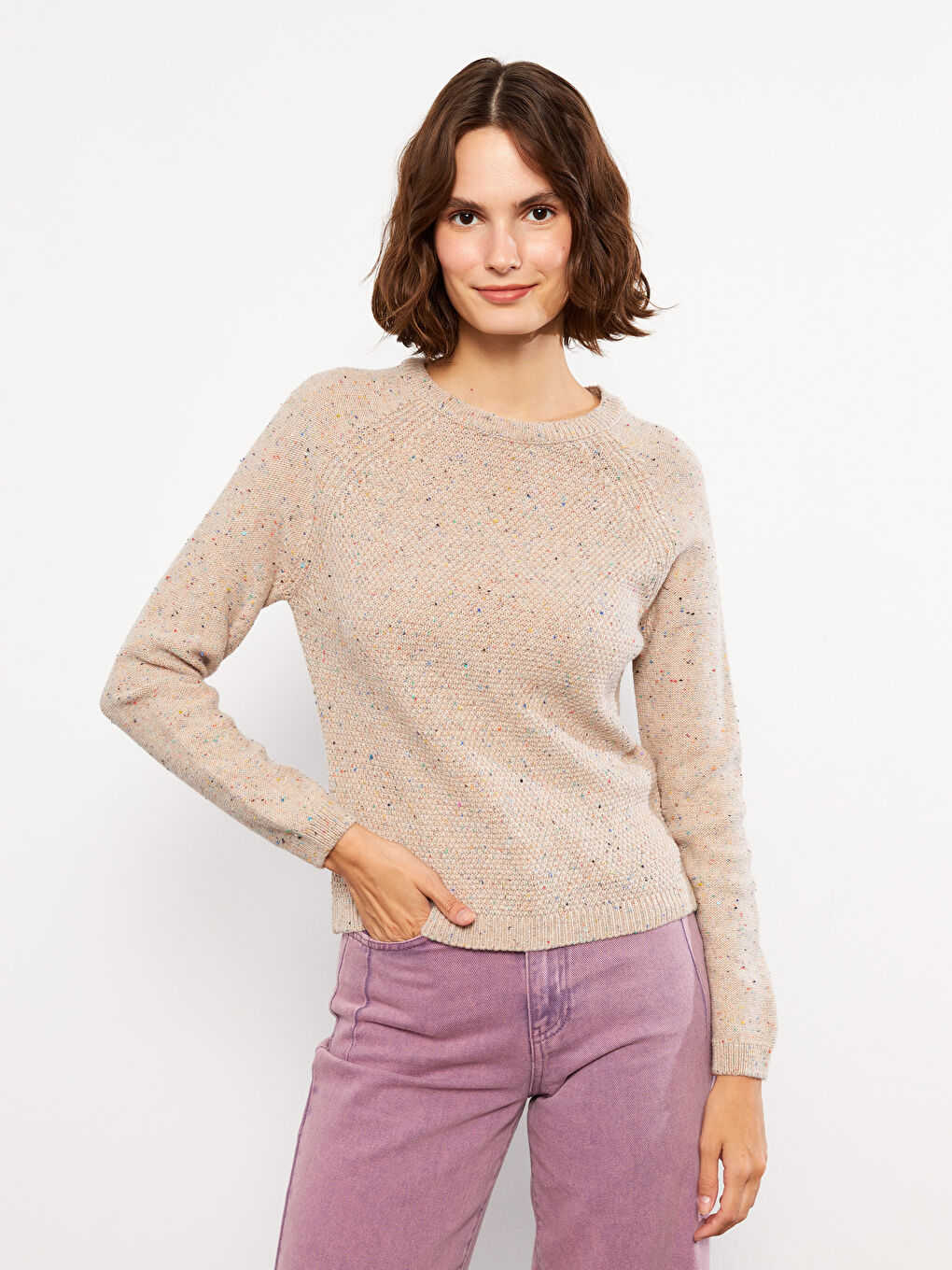 Turuncu Bisiklet Yaka Desenli Uzun Kollu Kadın Triko Kazak