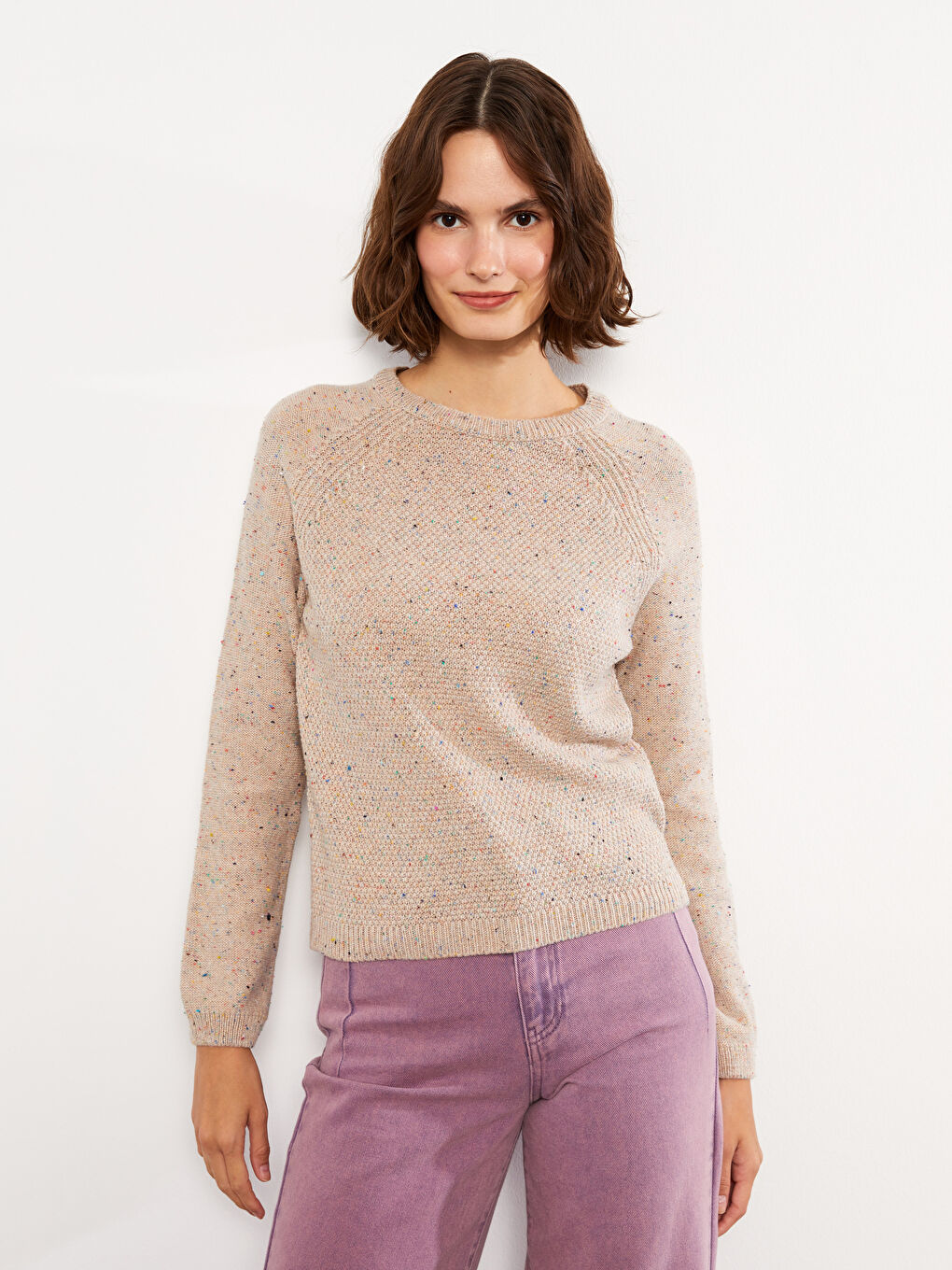 Turuncu Bisiklet Yaka Desenli Uzun Kollu Kadın Triko Kazak-1