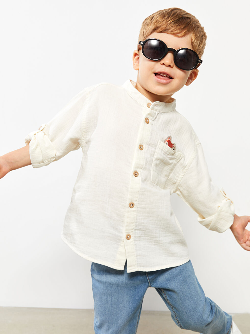 Bej Hakim Yaka Uzun Kollu Erkek Bebek Gömlek-1