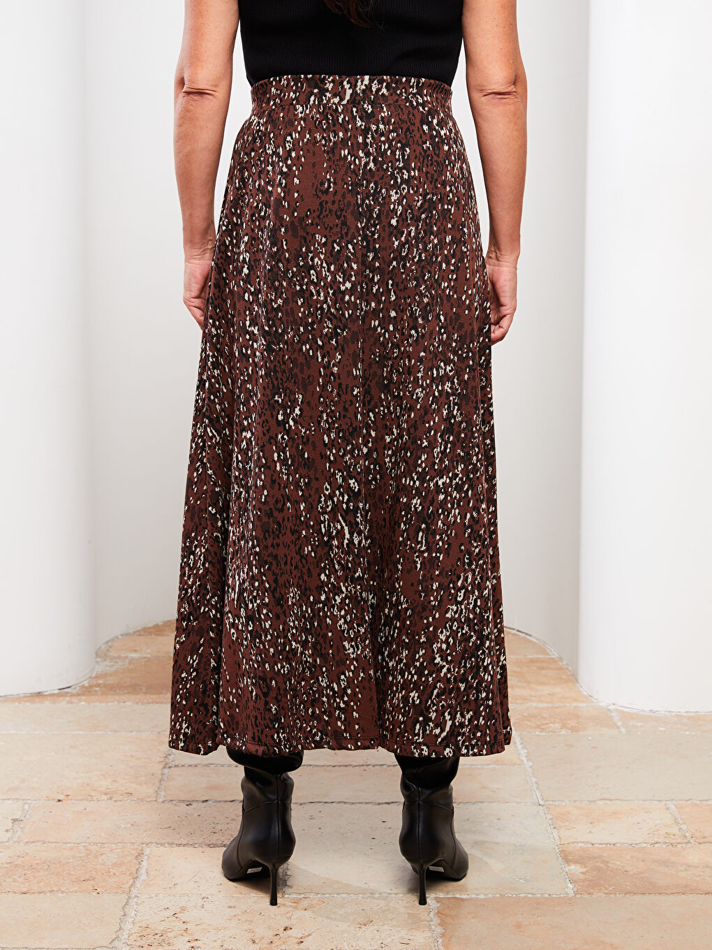 Kahverengi Beli Lastikli Desenli Ponte Kadın Kloş Etek-3