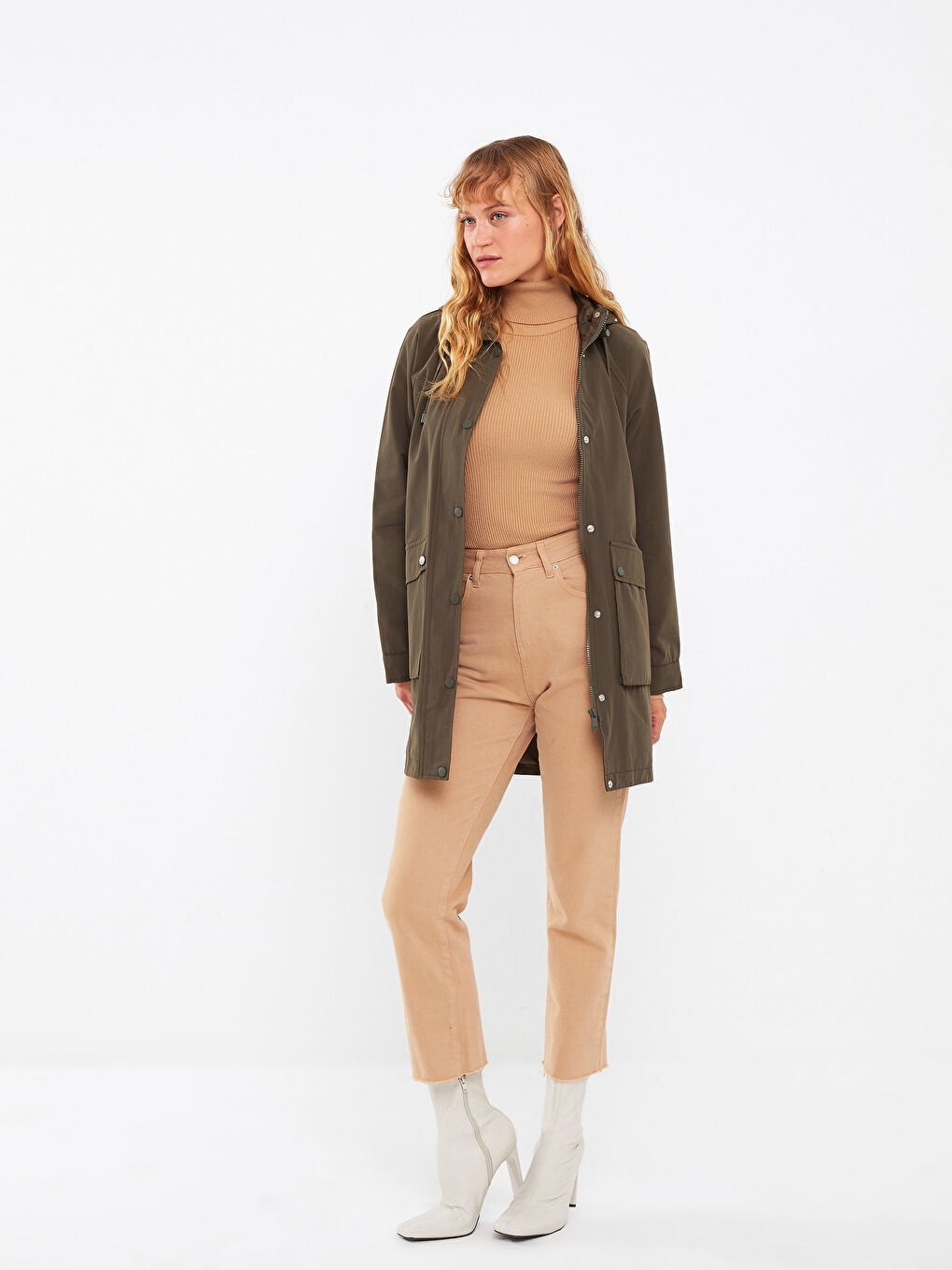 Haki Kadın Kapüşonlu Düz Mont-1