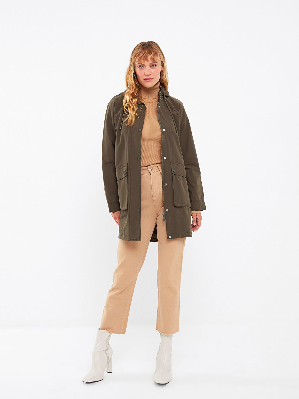 Haki Kadın Kapüşonlu Düz Mont-2