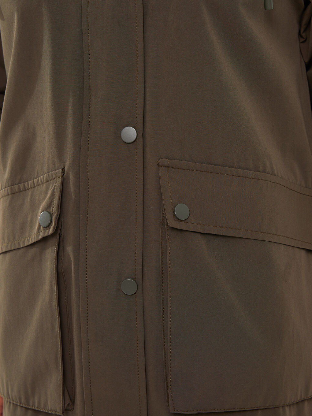 Haki Kadın Kapüşonlu Düz Mont-3