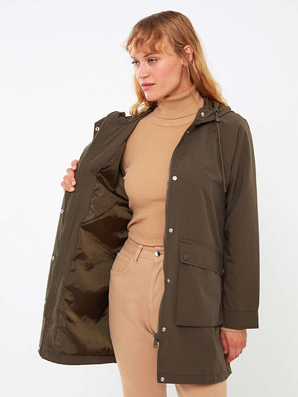 Haki Kadın Kapüşonlu Düz Mont-4