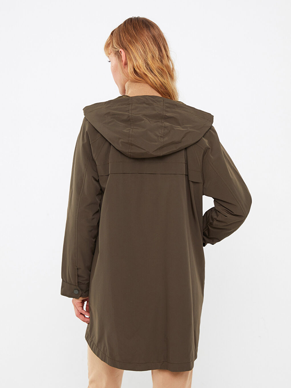 Haki Kadın Kapüşonlu Düz Mont-5