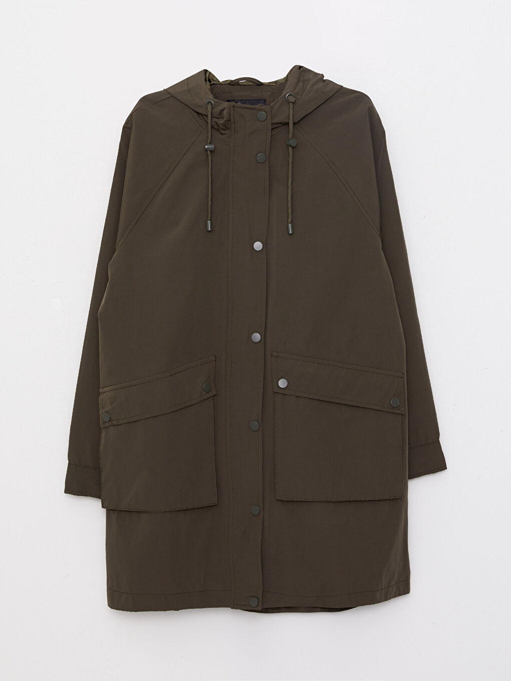 Haki Kadın Kapüşonlu Düz Mont-6