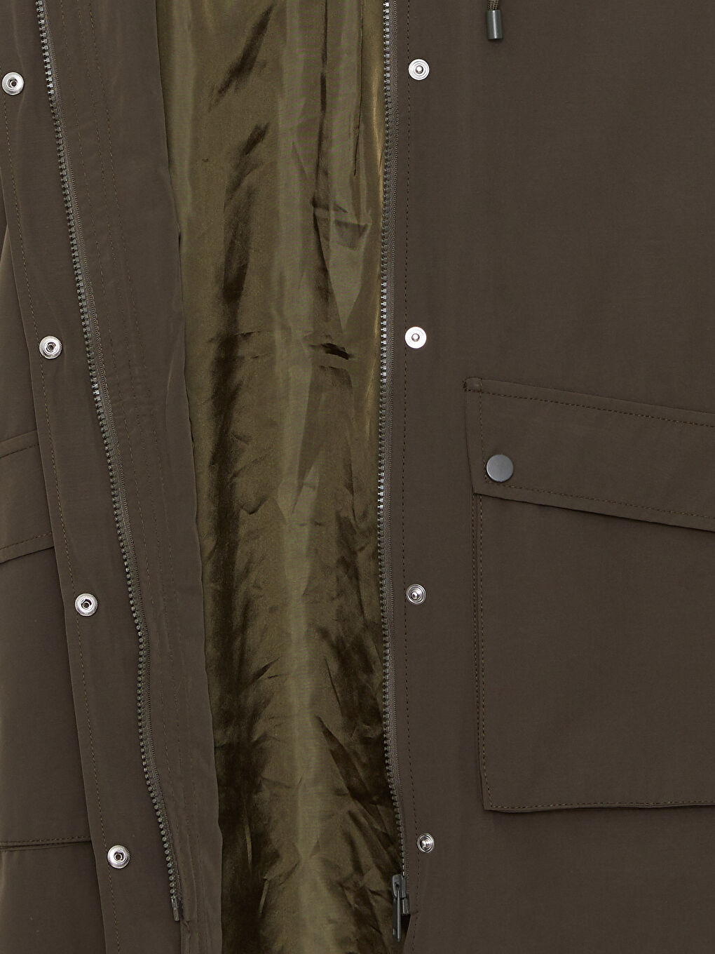 Haki Kadın Kapüşonlu Düz Mont-8