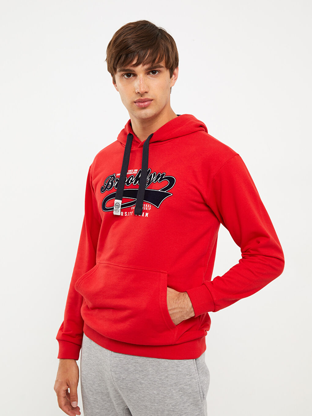 LCW Casual Kırmızı Uzun Kollu Baskılı Kalın Erkek Hoodie