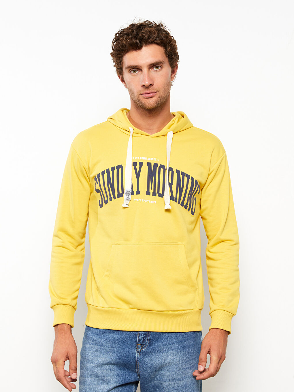 Sarı Uzun Kollu Baskılı Erkek Hoodie-1