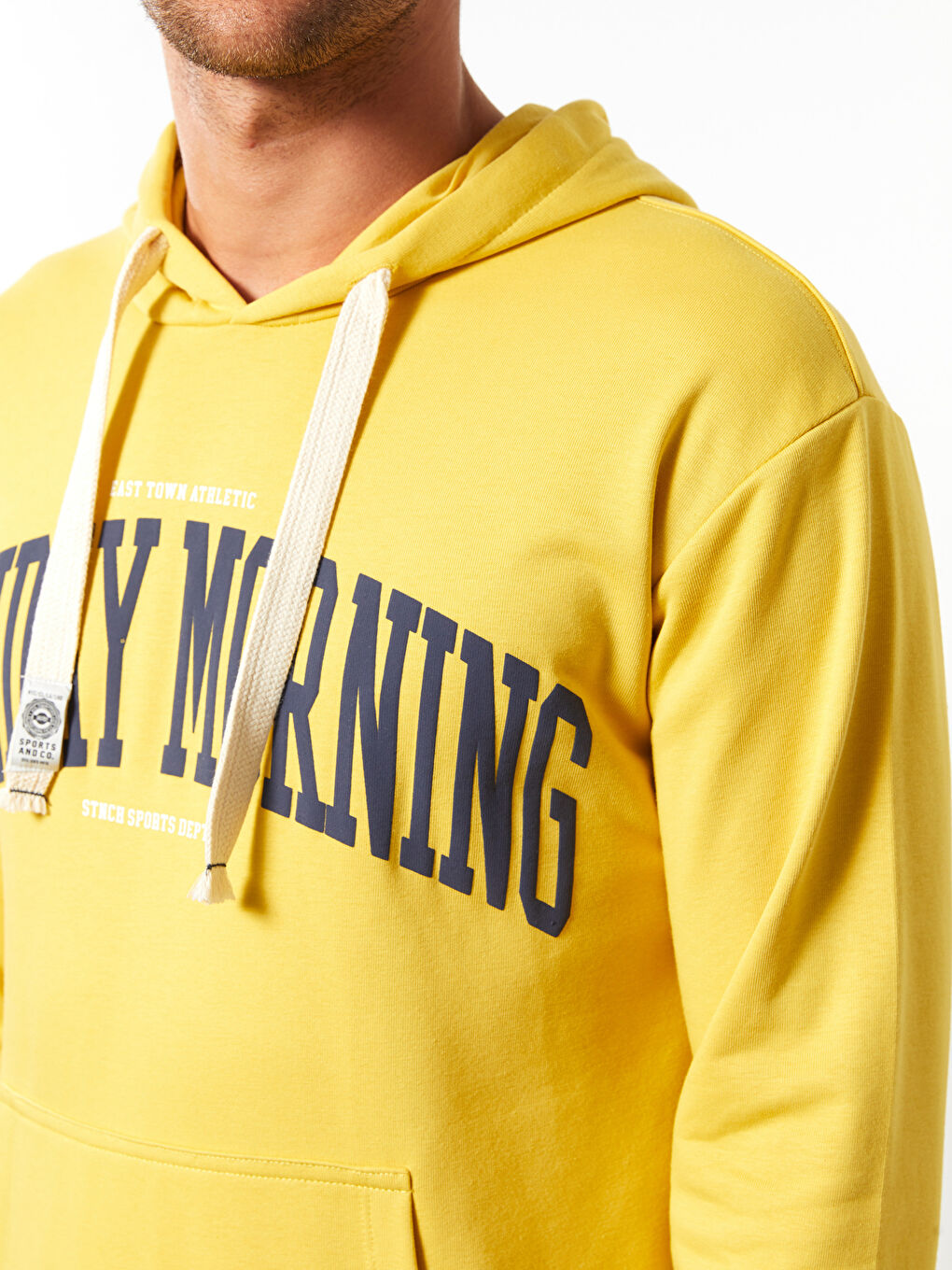 Sarı Uzun Kollu Baskılı Erkek Hoodie-3