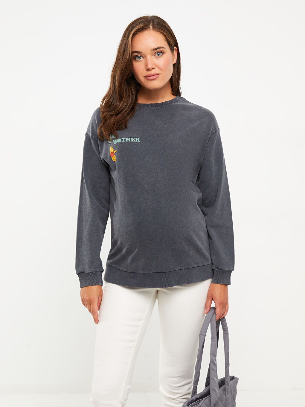 Bisiklet Yaka Winnie the Pooh Baskılı Uzun Kollu Pamuklu Hamile Sweatshirt