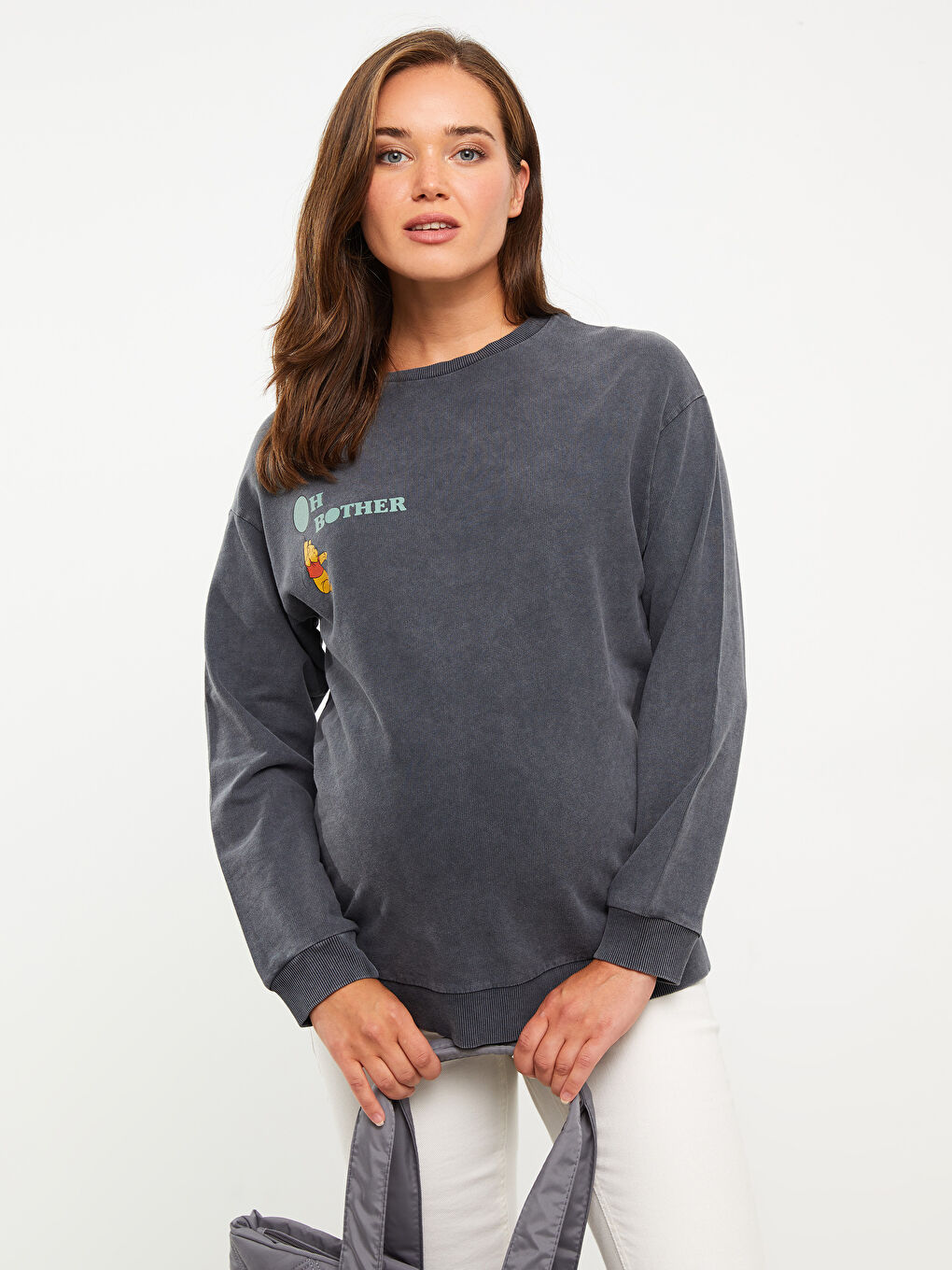 Bisiklet Yaka Winnie the Pooh Baskılı Uzun Kollu Pamuklu Hamile Sweatshirt-1