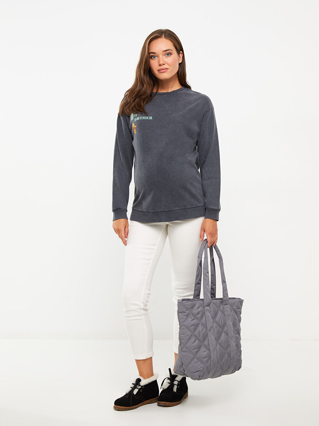 Bisiklet Yaka Winnie the Pooh Baskılı Uzun Kollu Pamuklu Hamile Sweatshirt-2