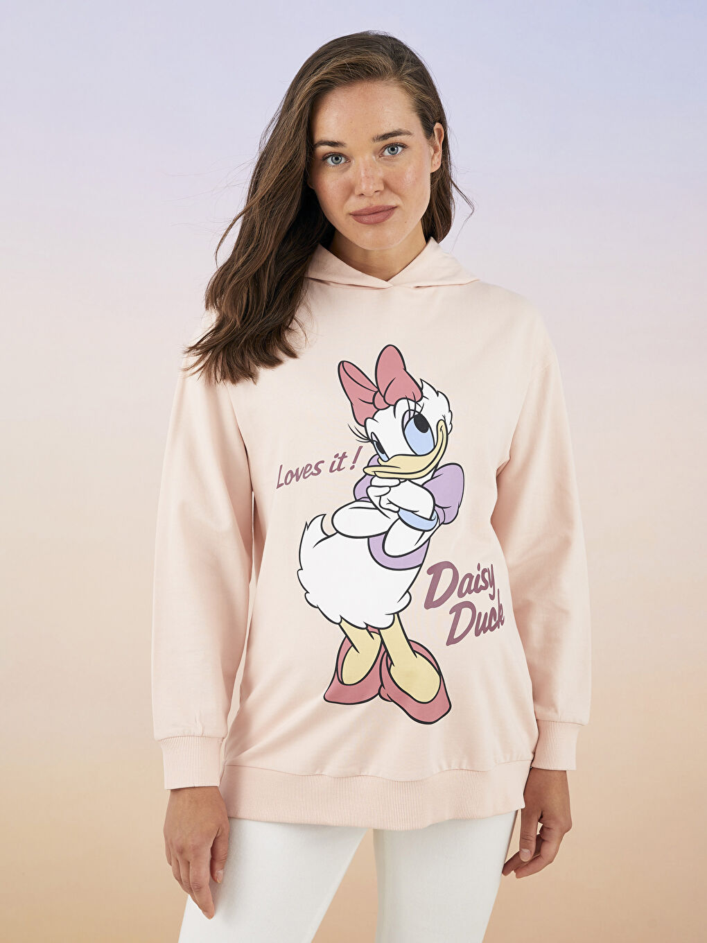 LCWAIKIKI Maternity Kapüşonlu Daisy Duck Baskılı Uzun Kollu Hamile Sweatshirt -W2AG84Z8-G2J