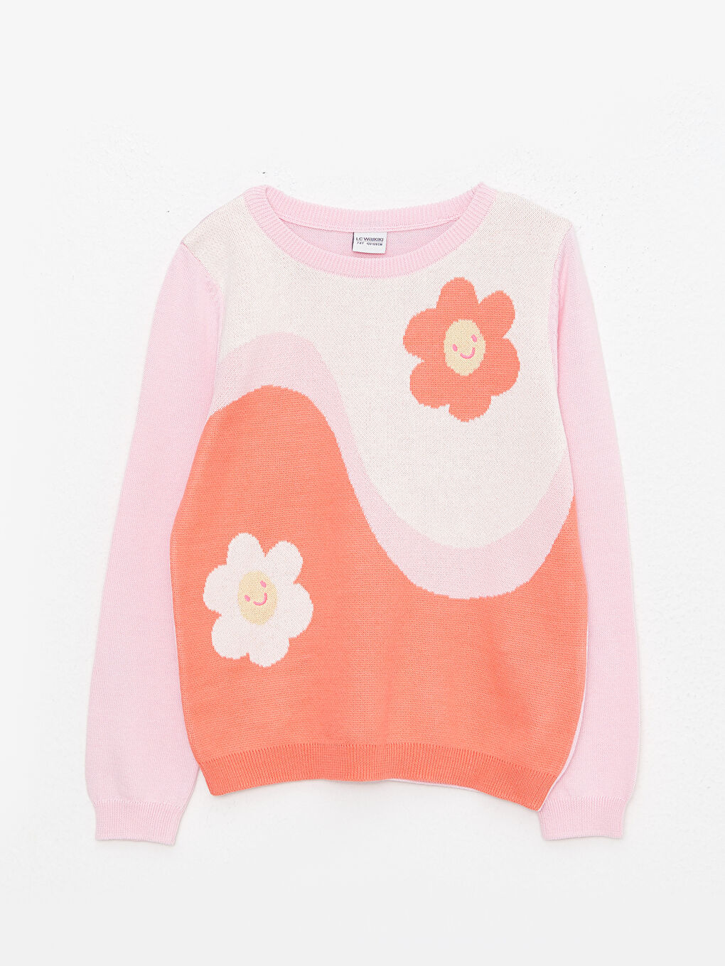 Pembe Bisiklet Yaka Desenli Uzun Kollu Kız Çocuk Triko Kazak