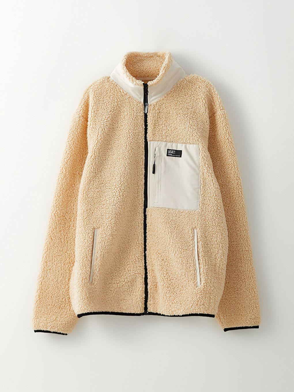 Bej Standart Kalıp Dik Yaka Pelüş Erkek Mont-5