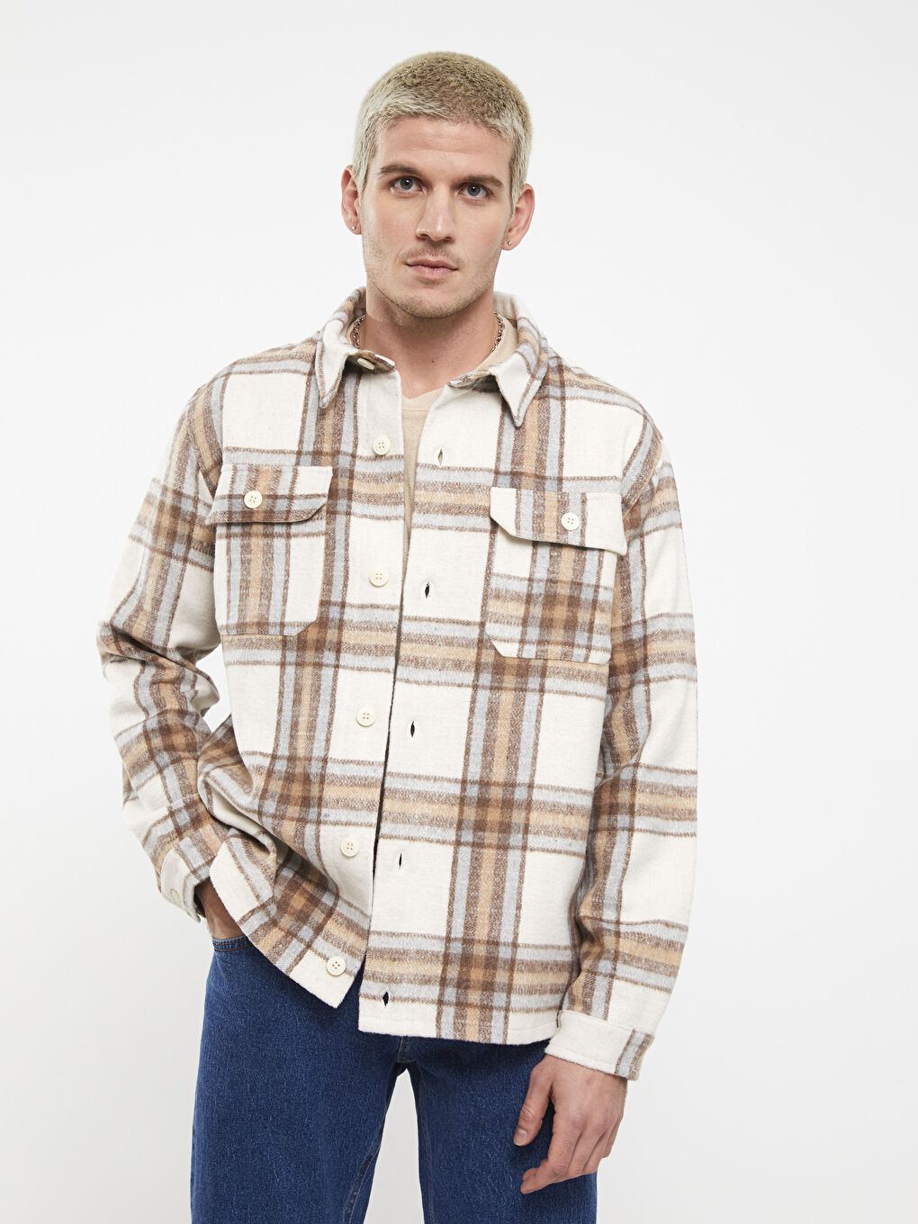 Bej Regular Fit Uzun Kollu Ekose Erkek Oduncu Gömlek Ceket