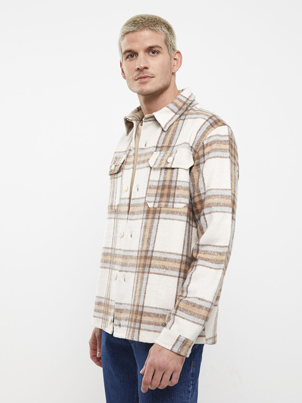 Bej Regular Fit Uzun Kollu Ekose Erkek Oduncu Gömlek Ceket-1
