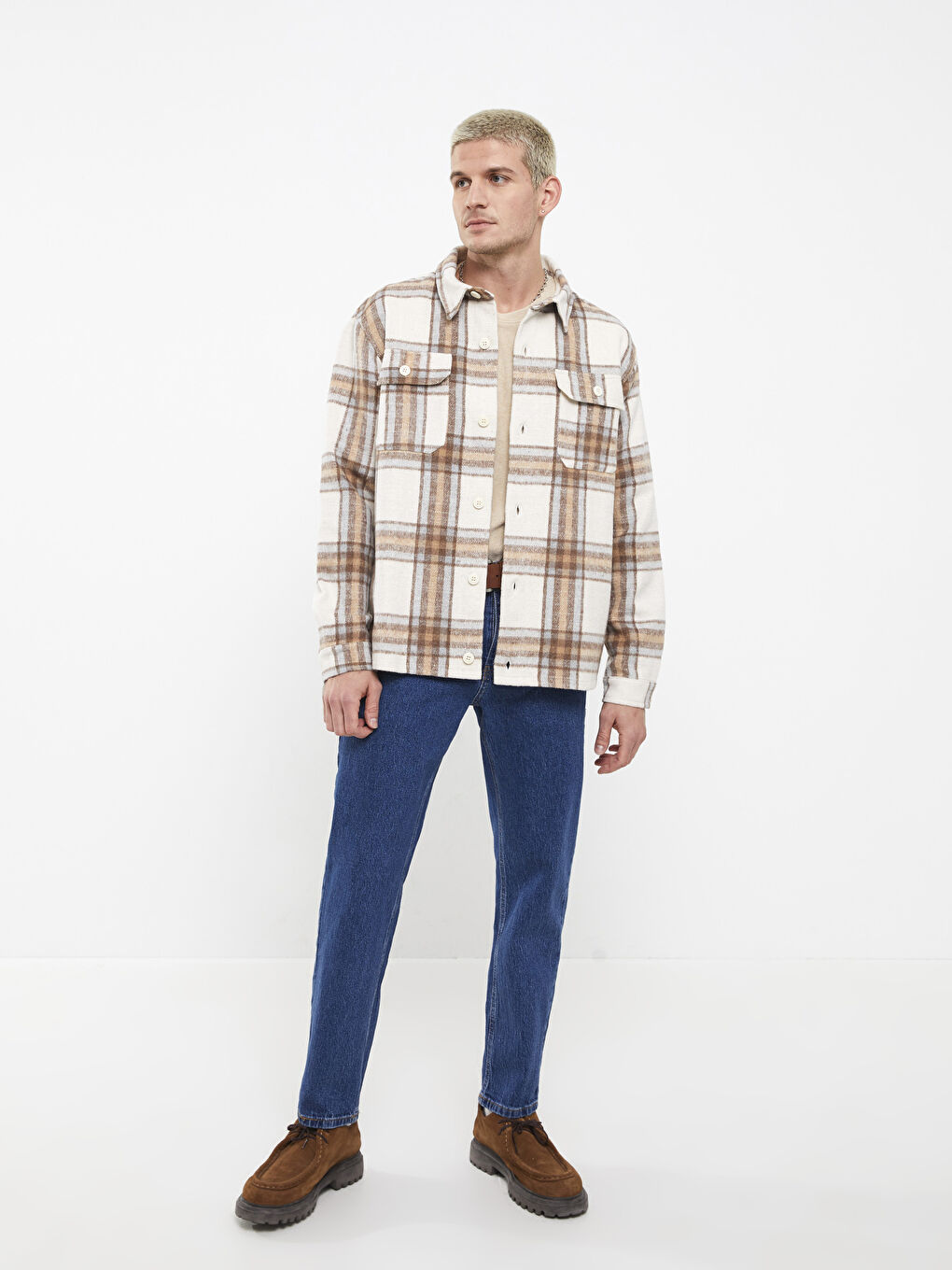 Bej Regular Fit Uzun Kollu Ekose Erkek Oduncu Gömlek Ceket-2