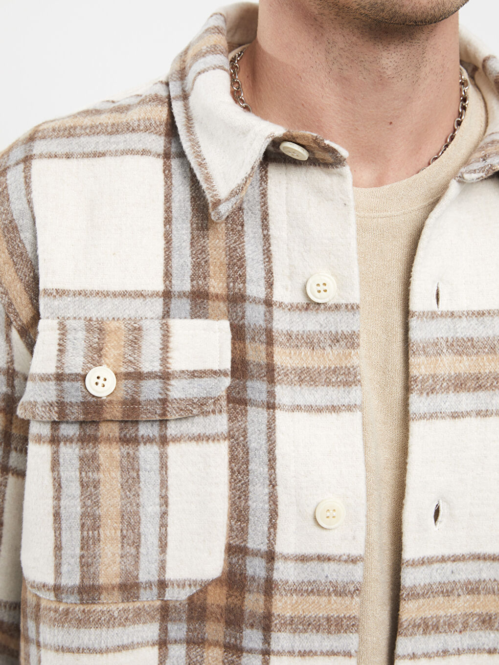 Bej Regular Fit Uzun Kollu Ekose Erkek Oduncu Gömlek Ceket-3