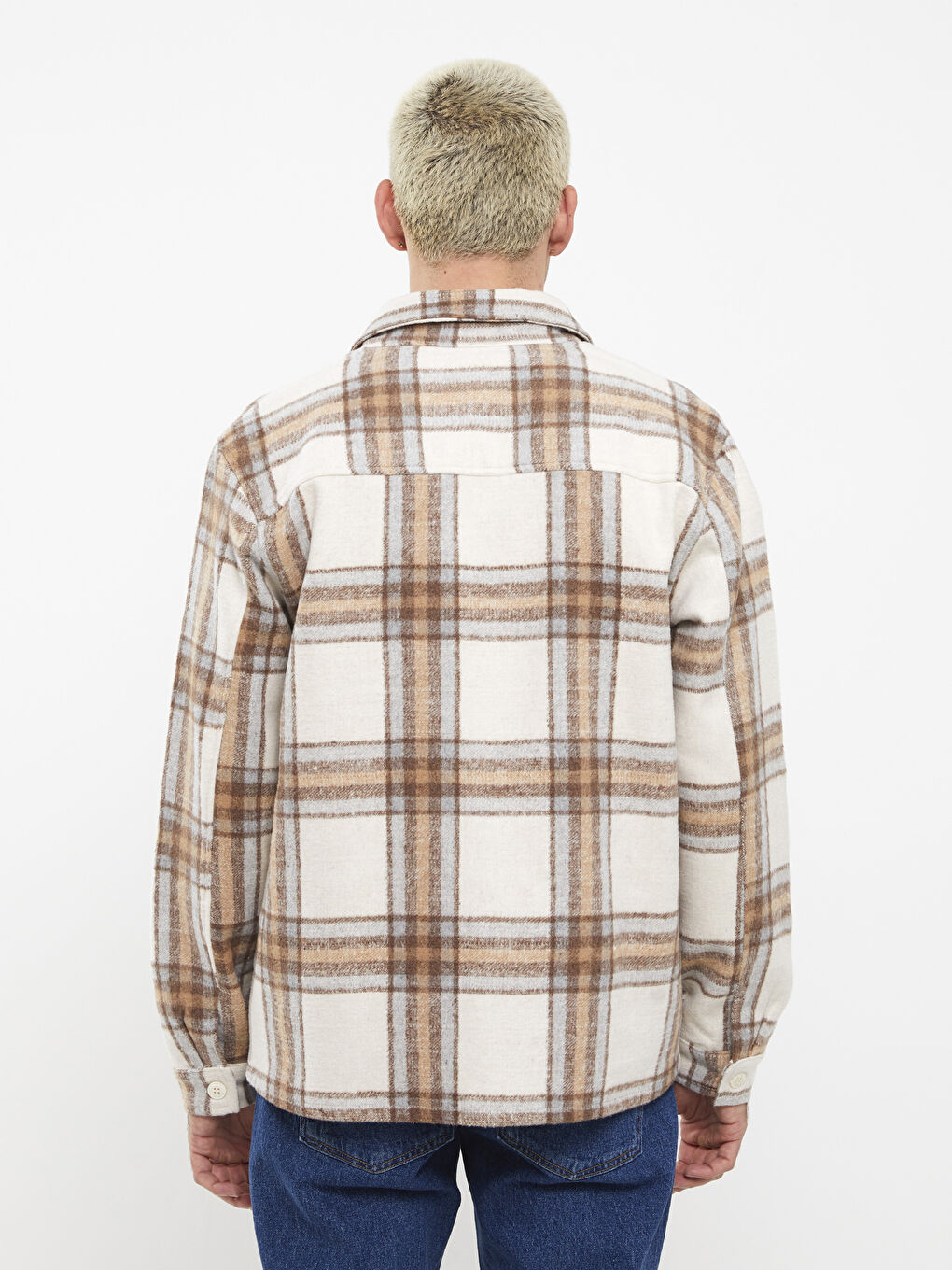 Bej Regular Fit Uzun Kollu Ekose Erkek Oduncu Gömlek Ceket-4