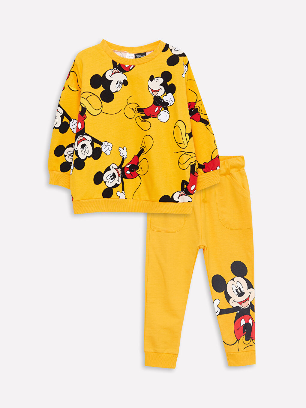 Sarı Bisiklet Yaka Uzun Kollu Mickey Mouse Baskılı Sweatshirt ve Eşofman Alt Erkek Bebek 2'li Takım